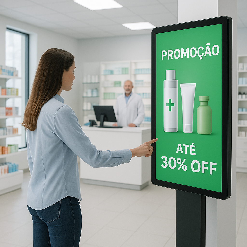 sinalização digital, implantação farmácia, tecnologia PDV